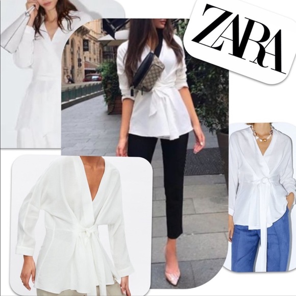 Zara White Linen Blend Tie Wrap Blouse Sz S - Picture 2 of 8